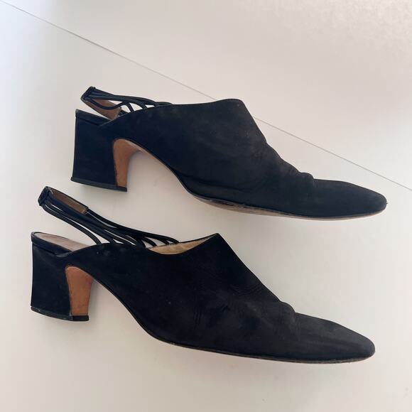 Vintage 90s Black Suede Leather Slingback Mules Heels Size‎ 10 Victorian Gothic - Picture 3 of 10